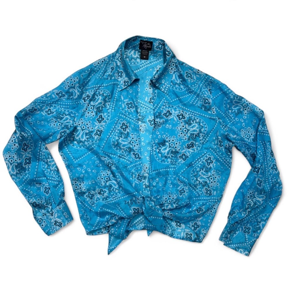 ‼️SOLD‼️ Aqua Blue Vintage Silk Paisley Collared Tie Blouse Top
